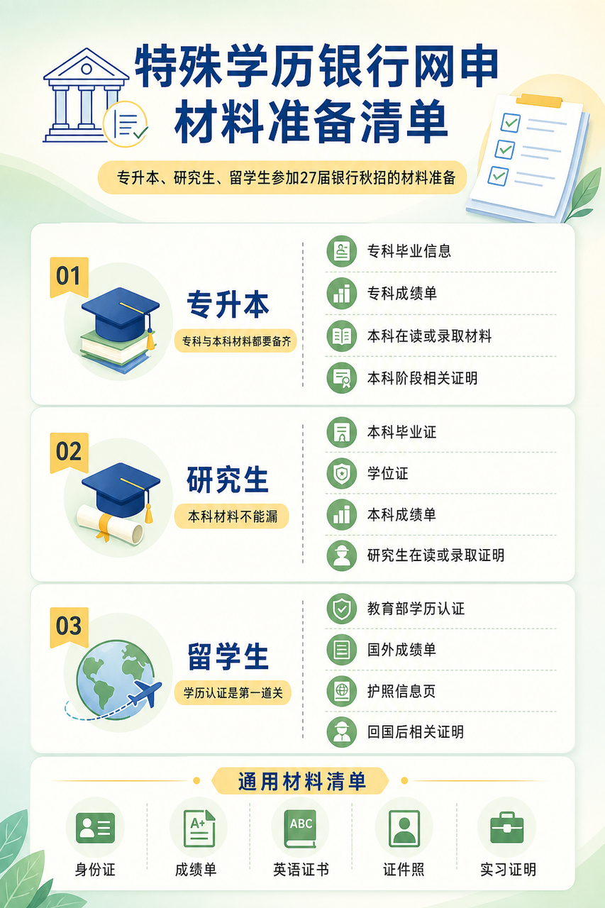 专升本研究生留学生银行校招材料准备对照图