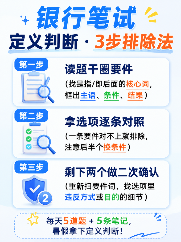 银行笔试定义判断3步排除法信息图