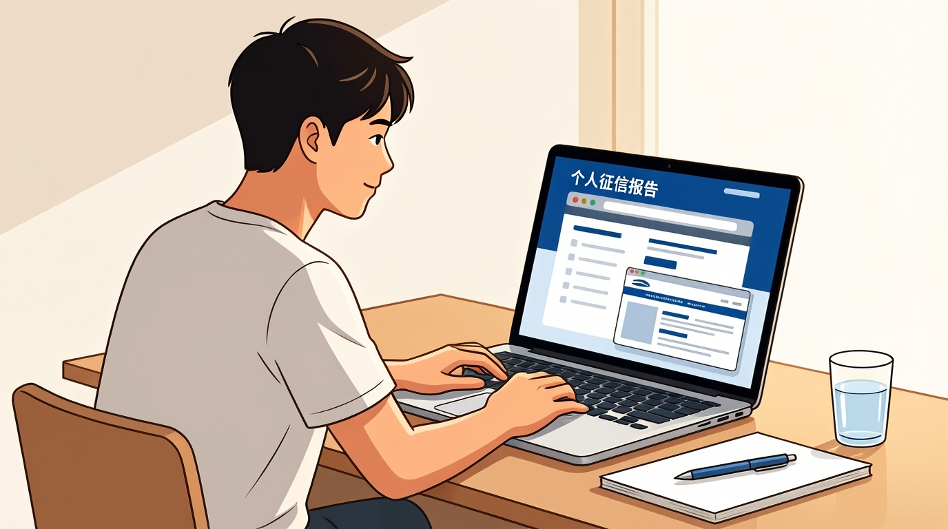 考生在电脑前查询个人征信报告并梳理记录的备考场景