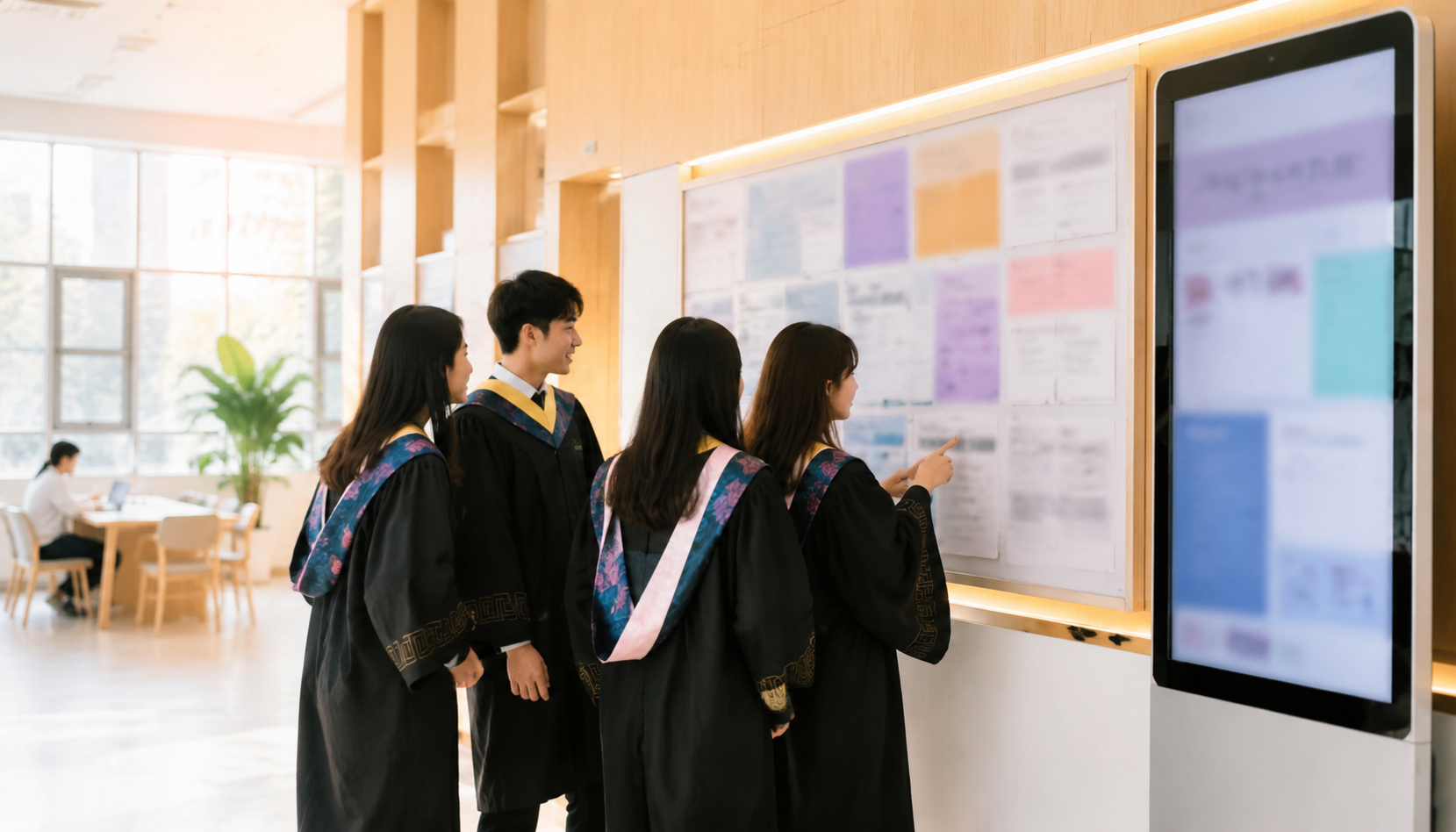 大学生在就业指导中心核对银行校园招聘公告