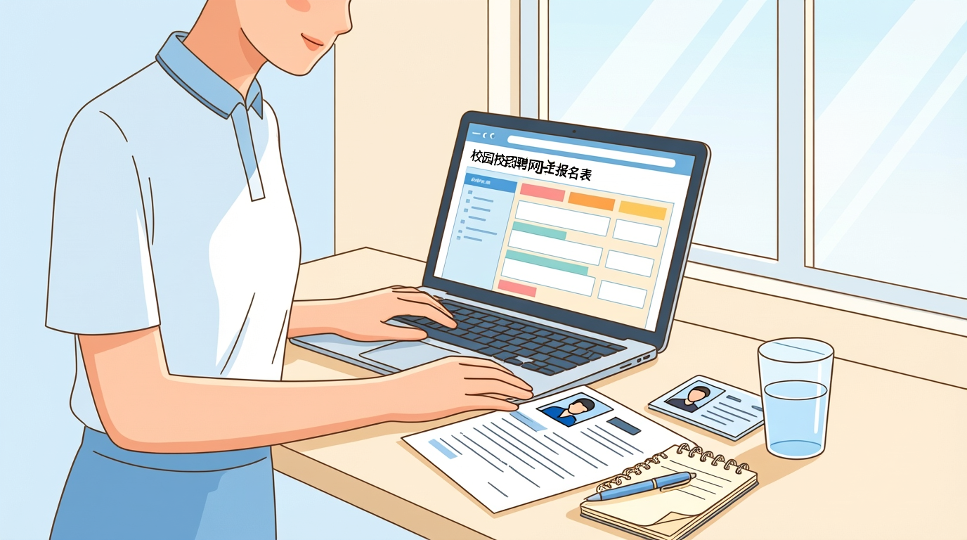 应届毕业生在书桌前使用笔记本电脑填写银行校园招聘网上报名表