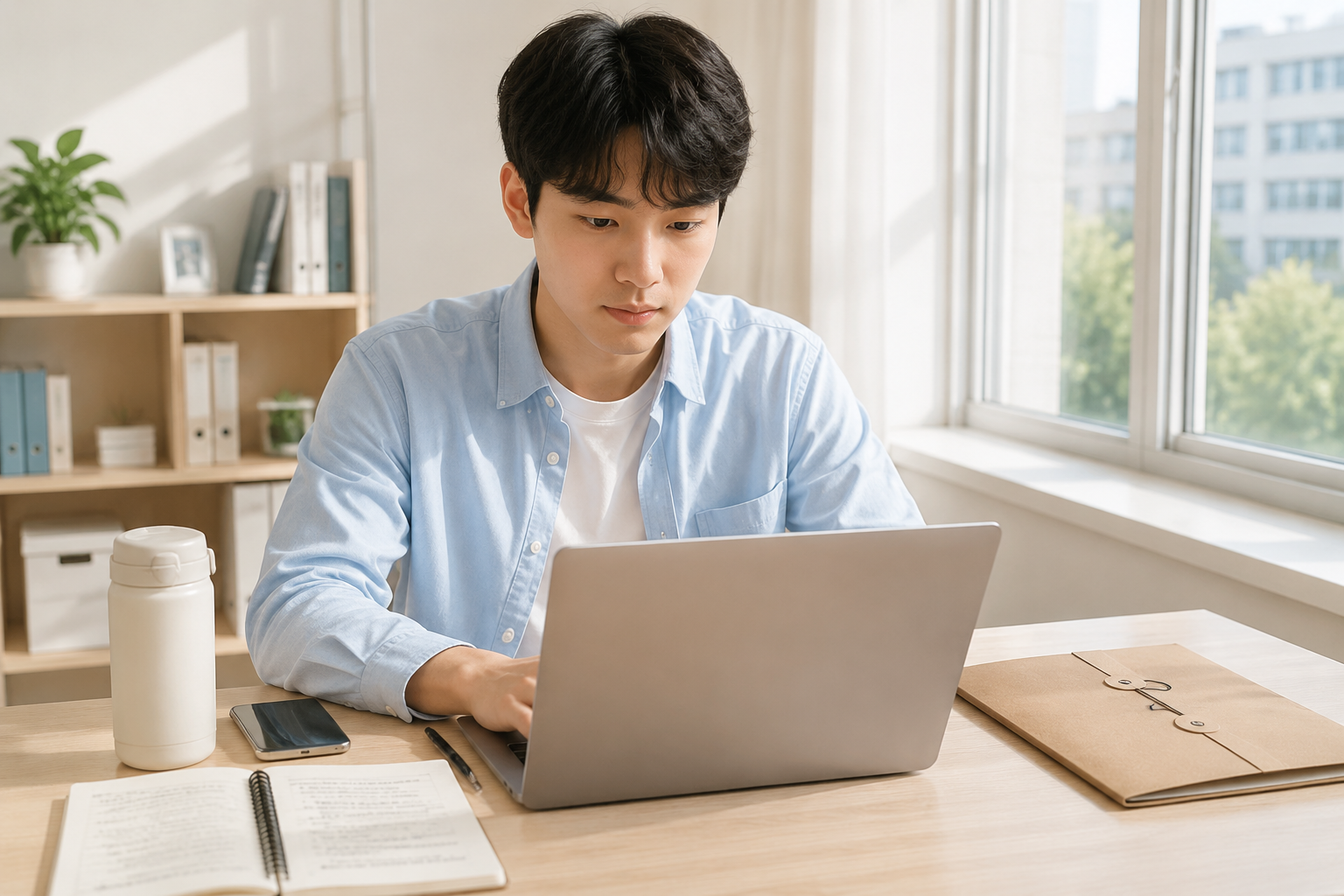 2027届应届毕业生在书桌前用电脑填报银行校园招聘网申简历