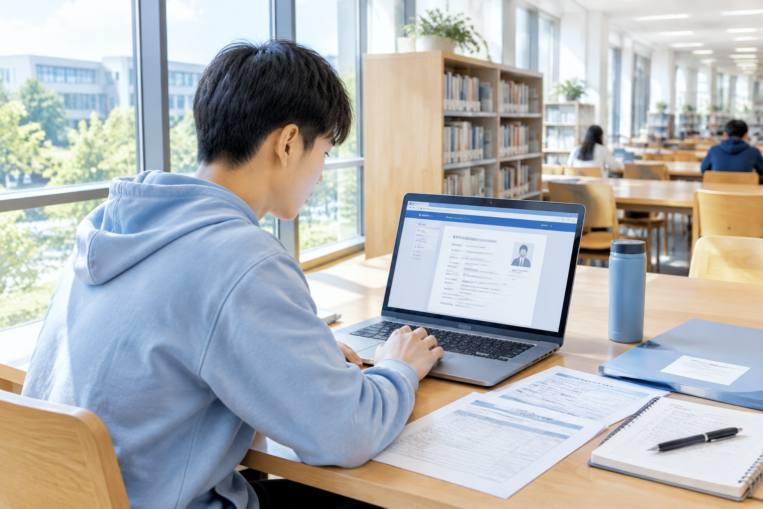 27届应届毕业生在书桌前核对学籍材料与网申附件