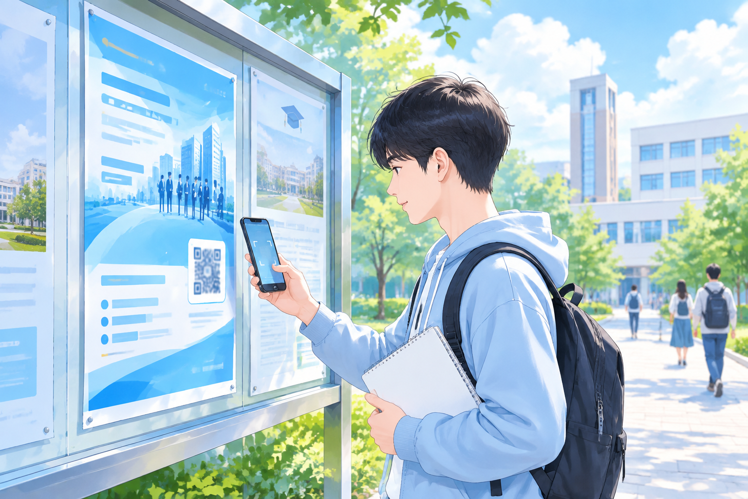 考生在校园宣传栏扫码了解银行校园招聘
