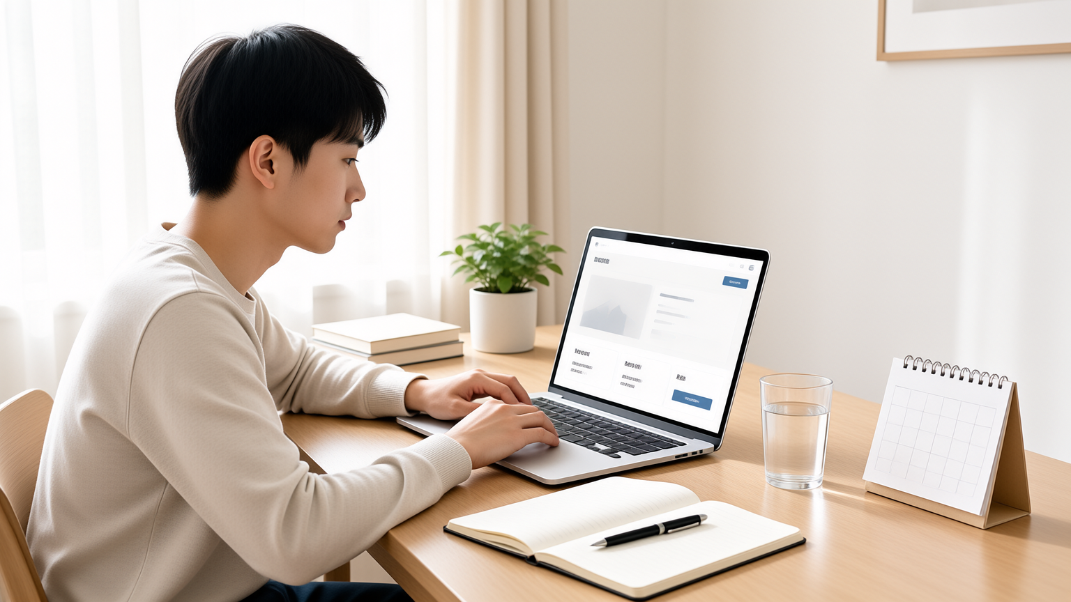 考生在书桌前核对银行招聘信息的场景配图