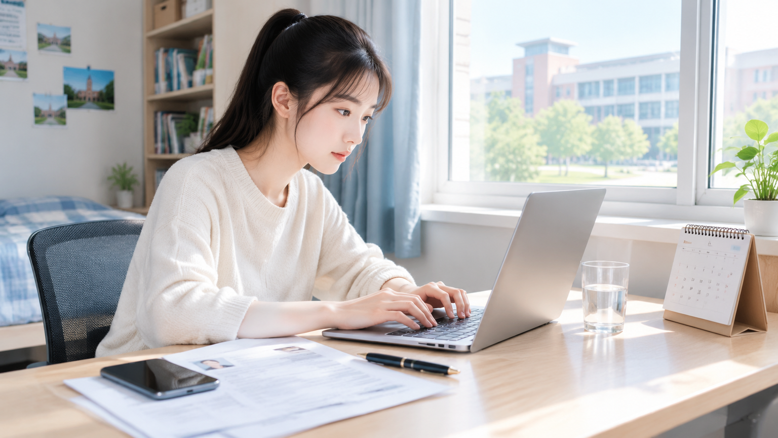 学生坐在书桌前填写银行网申简历的场景配图