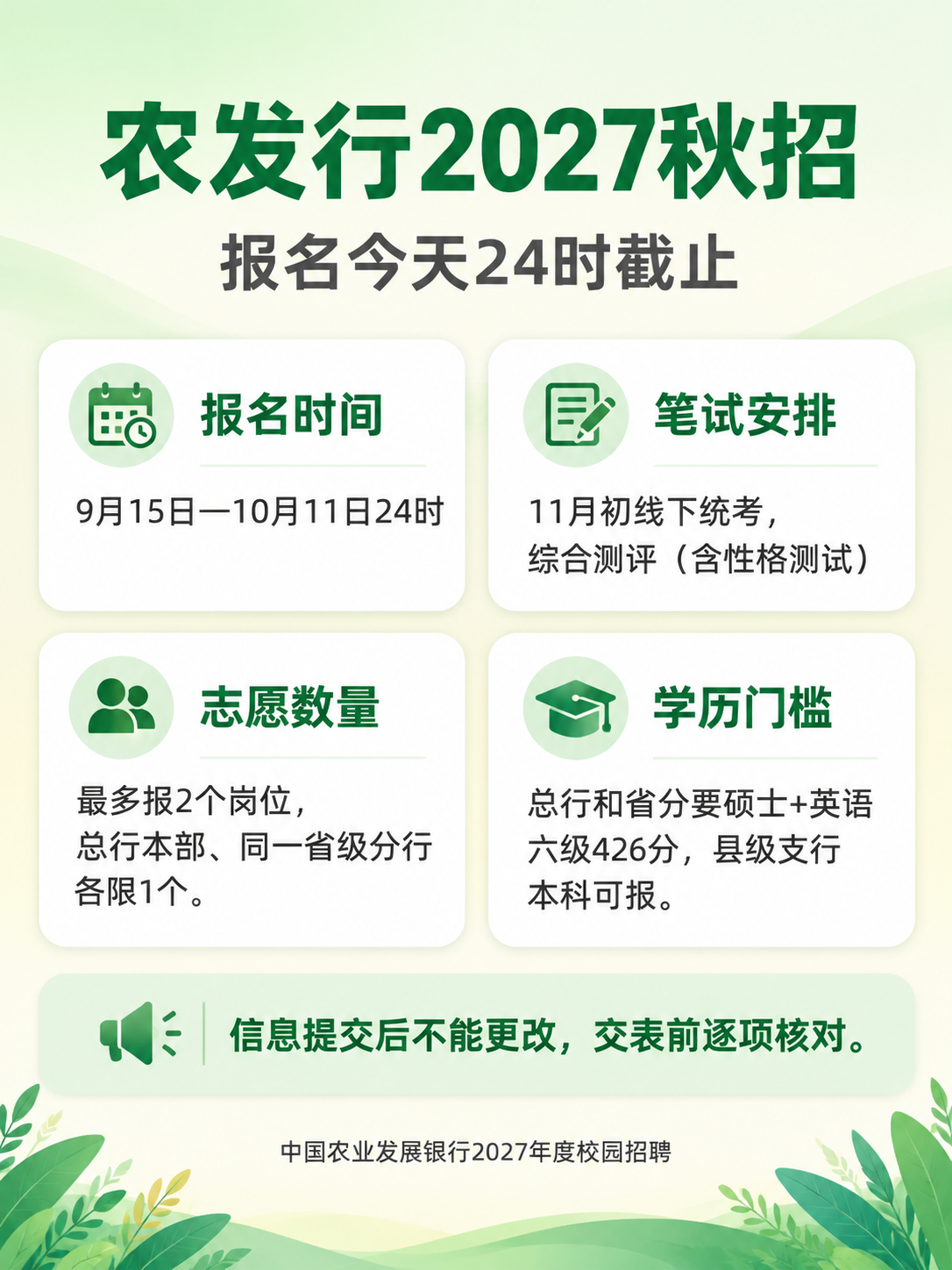 农发行2027秋招关键信息：报名今晚24时截止，笔试11月初线下统考