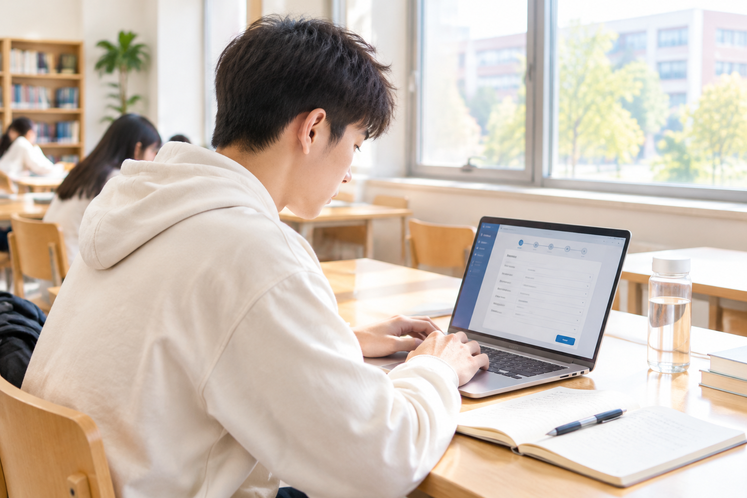 大学生在自习室填报银行招聘报名信息