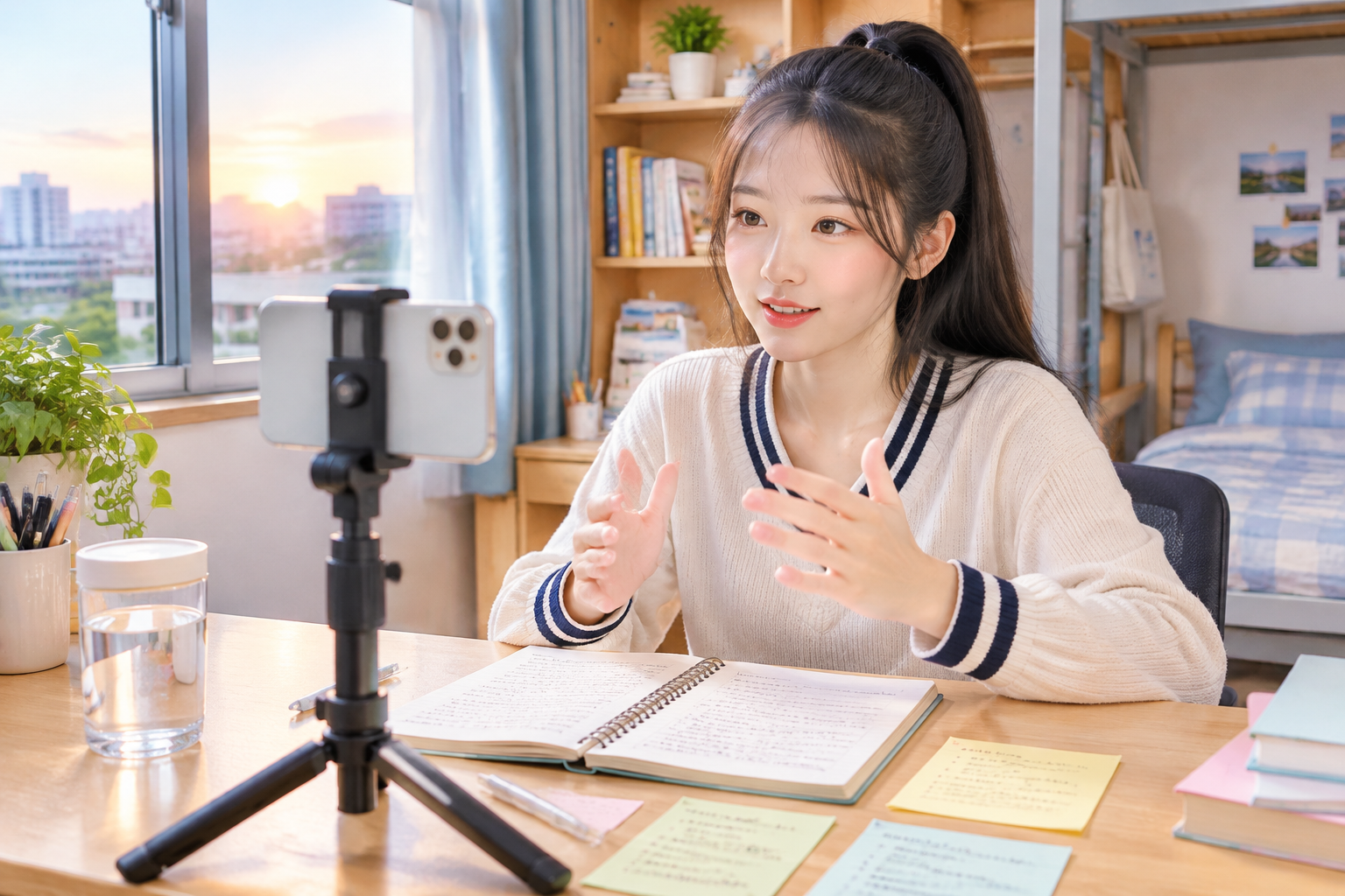 大学生对着手机练习面试答题的场景图