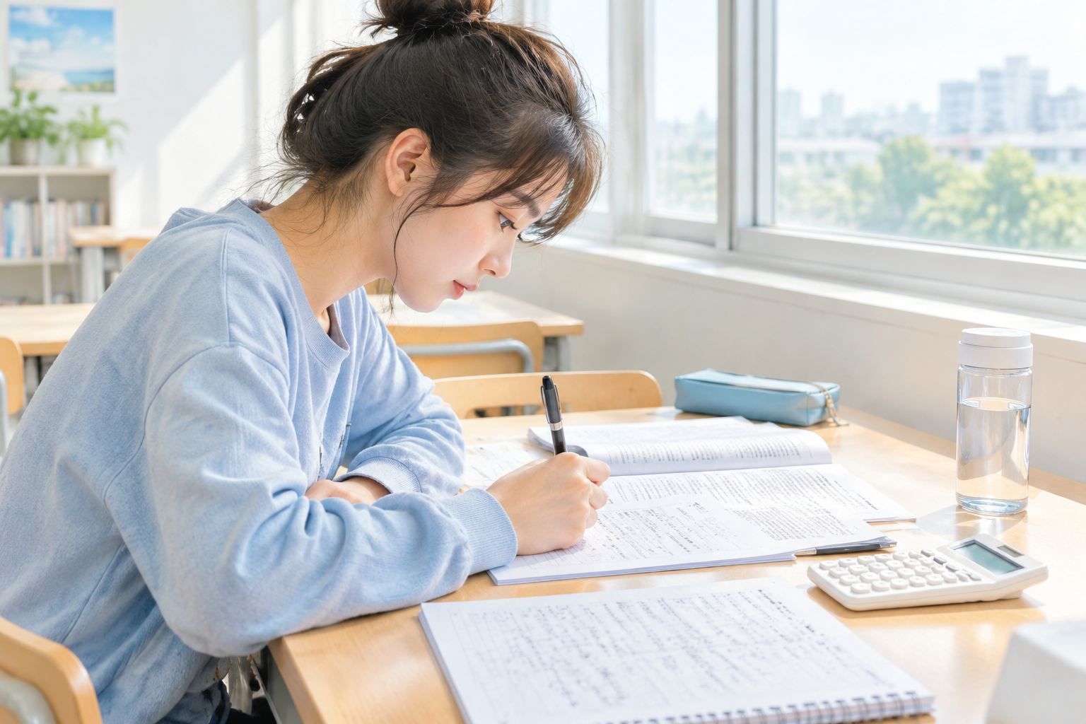学生在自习室做银行笔试模拟卷